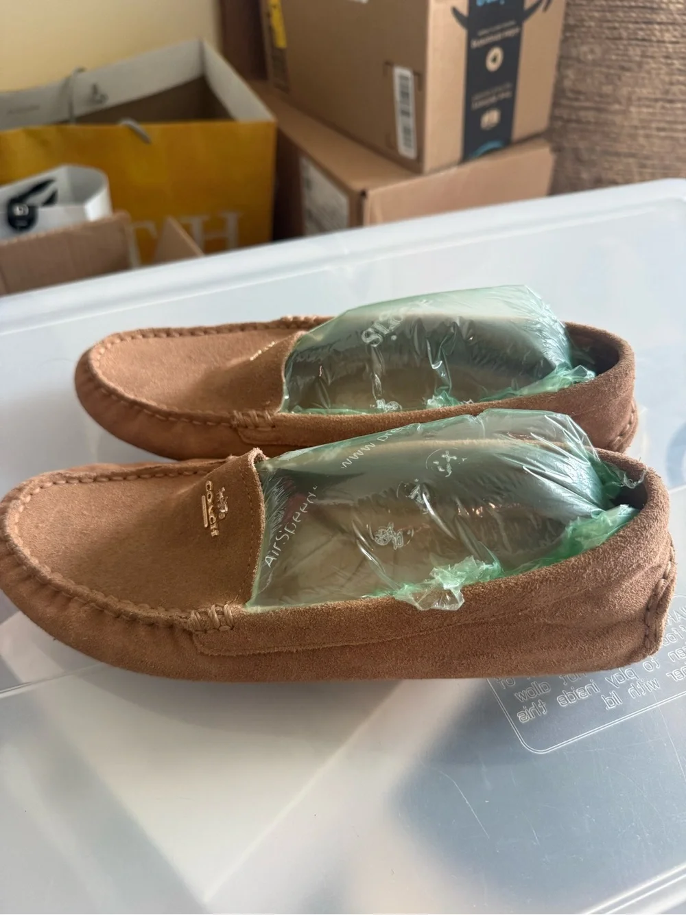 COACH Women's Tan Suede Moccasin Loafers with Gold Logo